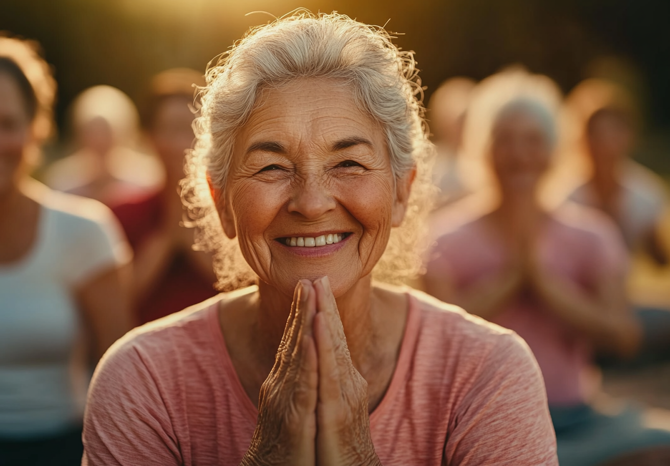 Старша жінка практикує цифрову йогу з голографічним інтерфейсом